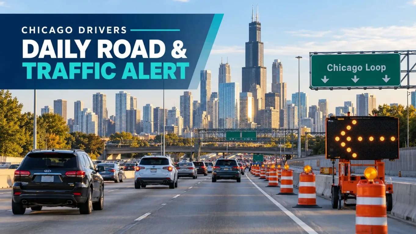 Chicago skyline above highway traffic and roadwork, with a Daily Road & Traffic Alert heading