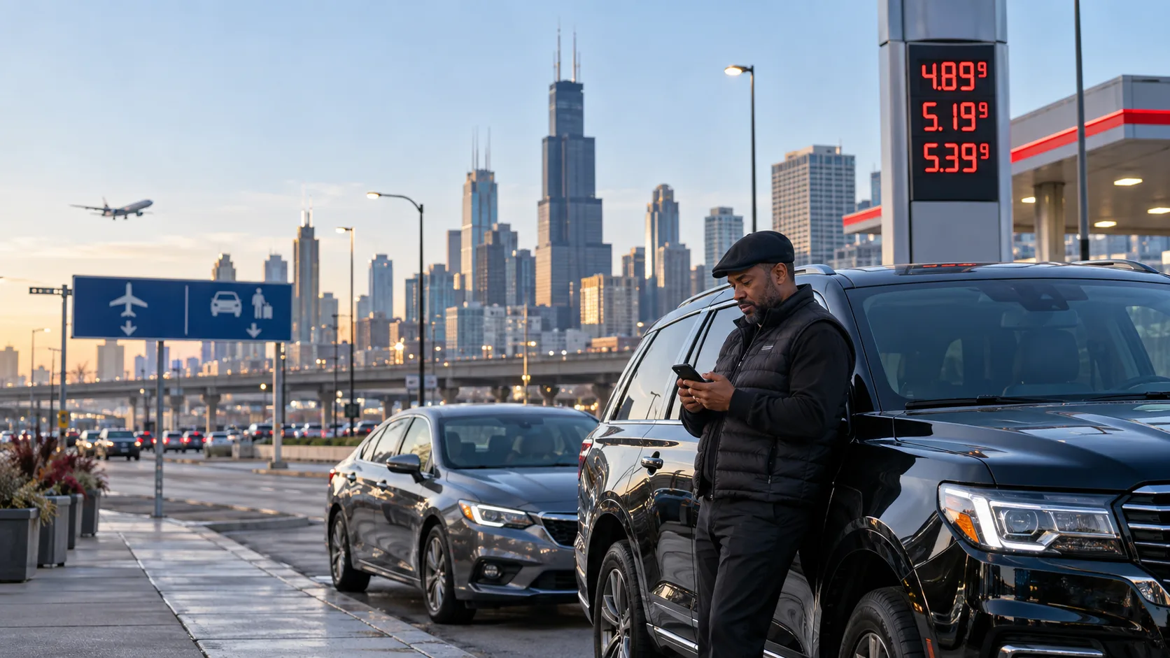 Chicago rideshare and livery driver checking his phone beside a black SUV as fuel prices rise
