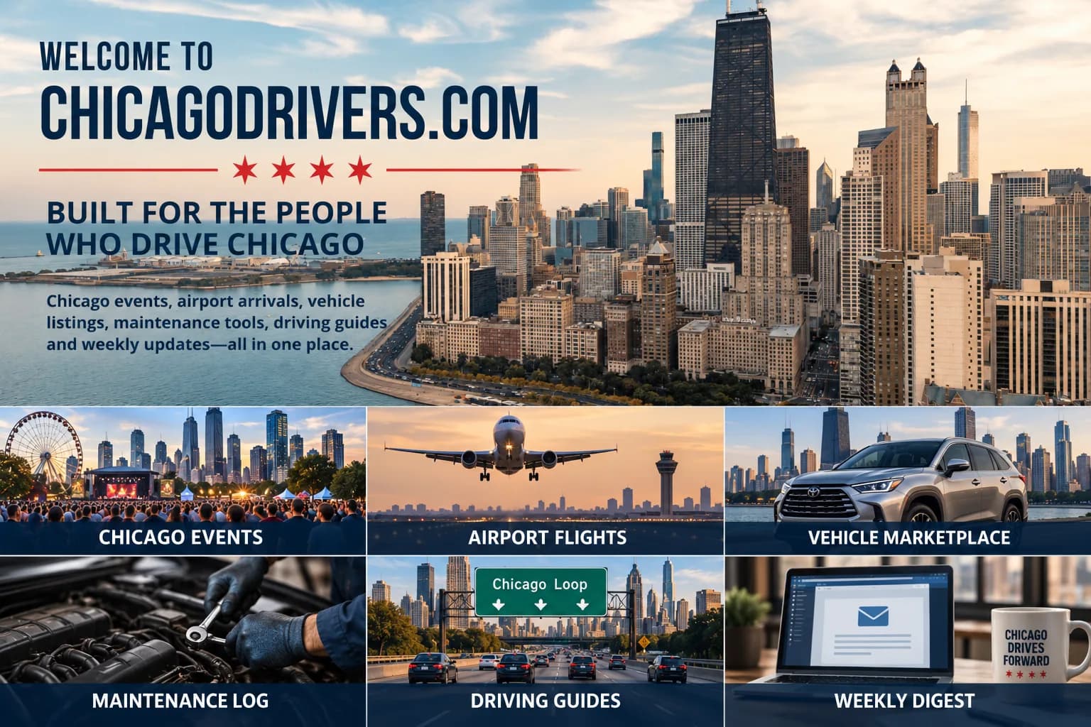 Chicago traffic traveling toward the downtown skyline, representing the community and resources available on ChicagoDrivers.com.